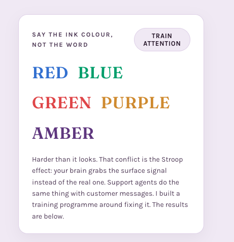 Stroop effect demo card: say the ink colour, not the word